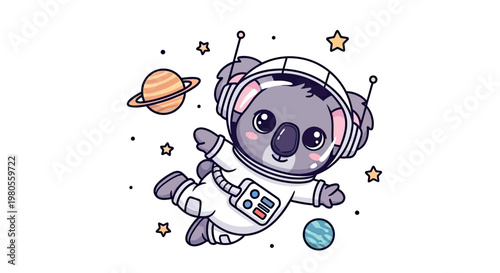 Cute Kawaii Koala Astronaut Floating in Outer Space with Planets and Stars Vector Illustration