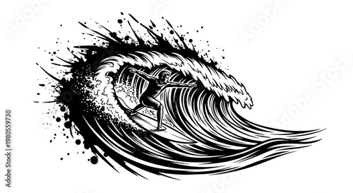 Dynamic Black and White Illustration of a Surfer Riding a Massive Curling Ocean Wave
