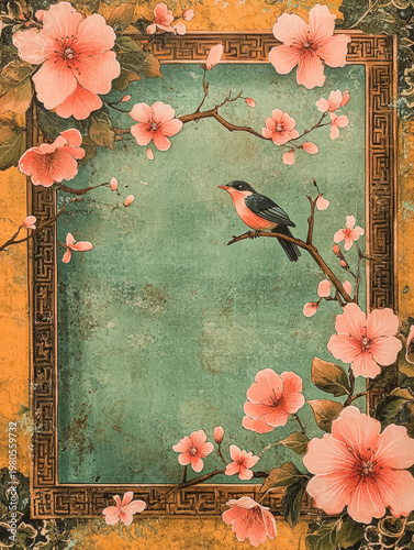 Vintage frame floral border cherry blossom songbird spring branch oriental pattern teal background empty center decorative art antique style vintage frame floral border cherry blossom songbird