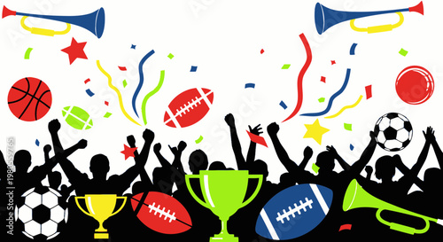 Sports Celebration Crowd Cheering with Trophies, Confetti, and Balls