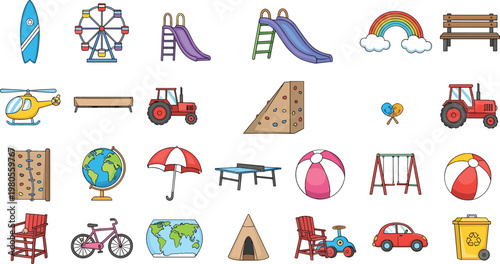 Playground amusement park icons set with slides ferris wheel tractor swing bench globe and toys cartoon vector illustration