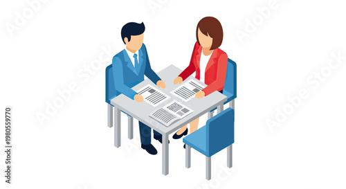 Isometric business meeting with male and female professionals reviewing documents and resume at office table