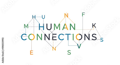 Human connections concept with colorful network lines and letters on white background