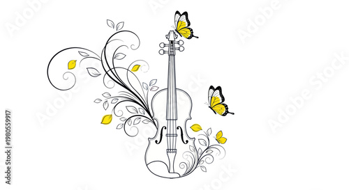 Violin with Butterflies and Swirling Vines, Musical Nature Art