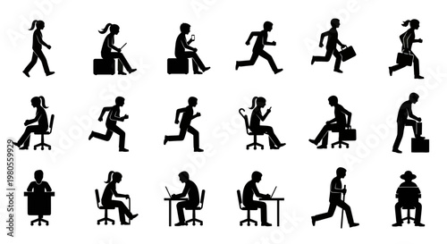 Vector silhouette collection of men and women in various business and lifestyle activities such as walking, running with briefcases, sitting at desks, and using laptops.