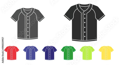 Baseball Jersey Icons: Dark Grey, Black, Red, Blue, Green, Yellow - Vector Set