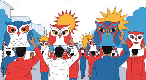 People carrying large colorful owl effigies and sun symbols in a vibrant cultural parade or festival.
