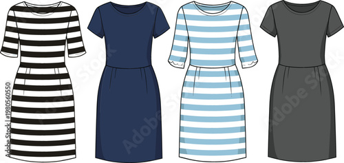 Women casual dresses collection with striped and plain short sleeve fashion apparel vector illustration set for clothing design