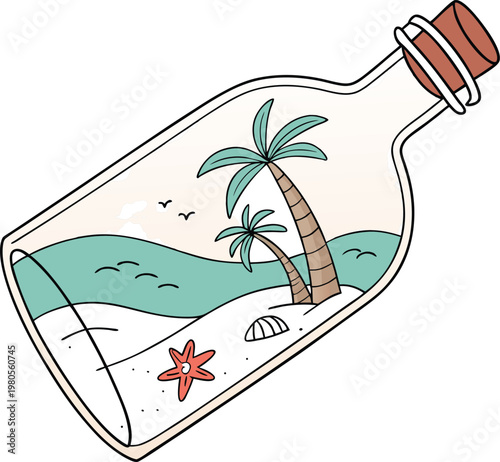 Tropical beach landscape in a glass bottle vector, summer vacation island scene with palm trees and starfish, nautical message in a bottle illustration