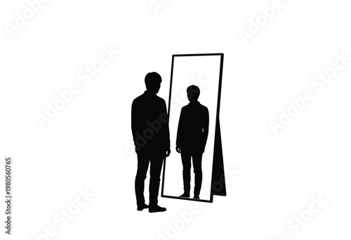 A person stands before a mirror observing their own dark reflection a silhouette