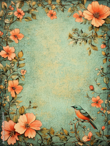 Vintage floral frame retro flower border teal background orange blossom songbird art nature illustration botanical design decorative card empty space greeting template Vintage floral frame with