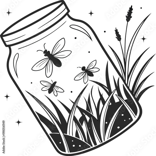 Vintage fireflies in a glass jar vector illustration, whimsical lightning bugs with grass and stars, black and white line art nature scene