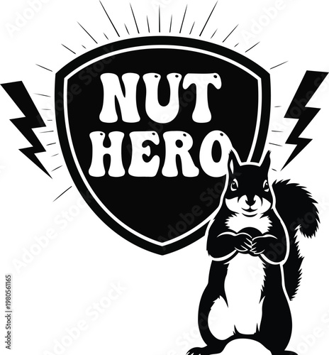 Black and white squirrel standing in front of shield with Nut Hero text