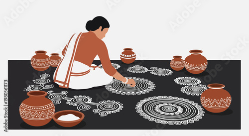 A woman in traditional attire meticulously creates intricate white patterns on a dark surface, surrounded by decorative clay pots.