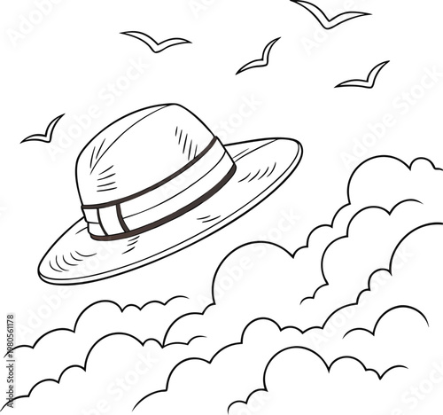 Vintage fedora hat flying in the sky, hand drawn sketch of a classic hat above clouds, retro headwear illustration with birds and clouds