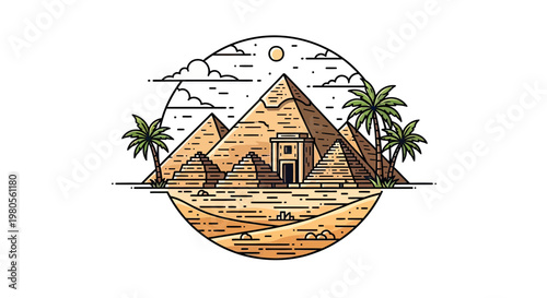 Stylized vector illustration of the Great Pyramids of Giza in Egypt with palm trees and desert landscape inside a circular frame