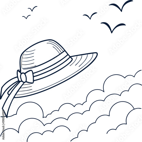 Minimalist summer sun hat line art vector, elegant wide brim straw hat with bow ribbon, beach vacation accessory illustration with clouds and birds