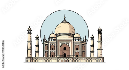 Taj Mahal Vector Illustration, Iconic Indian Landmark and World Wonder Architectural Monument in Agra, India