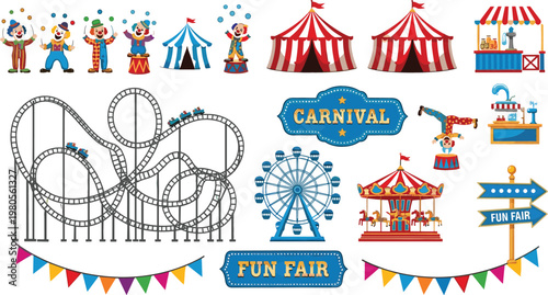 Carnival fun fair amusement park collection with circus tents clowns roller coaster ferris wheel and festive decorations vector illustration