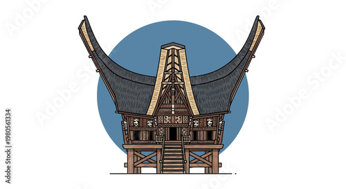 Traditional Toraja Tongkonan House Illustration, Indonesian Cultural Heritage Architecture with Distinctive Curved Roof and Stilts