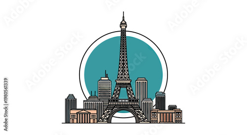 Minimalist Vector Illustration of Paris Skyline Featuring the Eiffel Tower and City Landmarks on a Teal Background