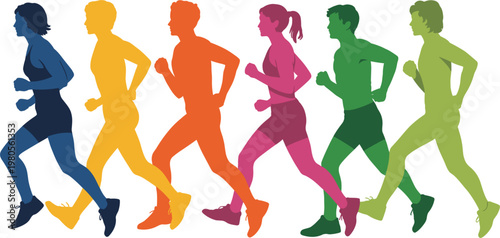 Colorful running people silhouette illustration, jogger group set for fitness sport and healthy lifestyle