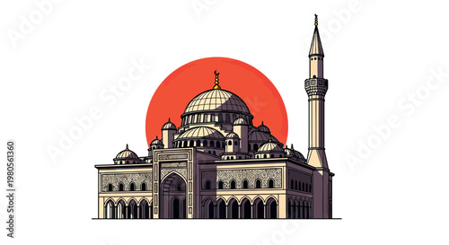 Islamic Mosque Architecture Vector Illustration with a Red Sun Backdrop, Ottoman Style Religious Building
