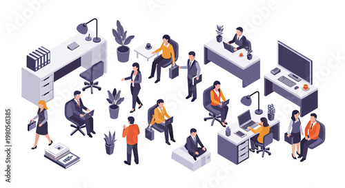 Isometric Collection of Business People Working in a Modern Office Environment, Professional Coworking Space Elements and Characters Set