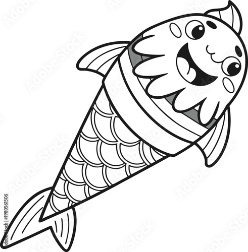 Cute fish ice cream character vector, whimsical sea creature dessert hybrid illustration, black and white coloring page for kids