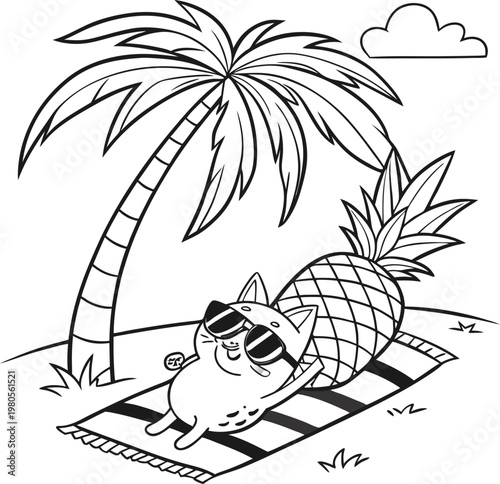 Funny cat coloring page, cartoon kitten sunbathing on beach towel under palm tree, tropical summer vacation line art illustration for kids