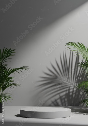 Abstract gray wall background with sharp overlay shadows of tropical plants. Minimalistic stage for showcasing products, stage, shadow, pattern
