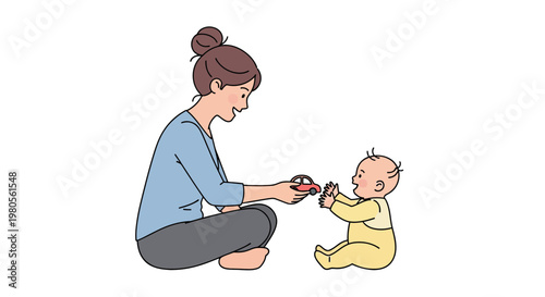Caring Young Mother Playing with Her Baby Boy and Giving Him a Small Toy Car