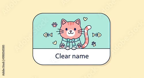 Kawaii Pink Cat Name Label Vector Illustration, Cute Kitten Sticker Template for School Kids and Nursery Organization with Paw Prints and Fish Bones