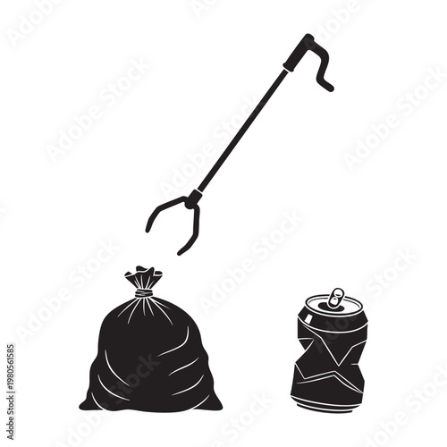 Beach cleanup icons with litter picker bag and soda can