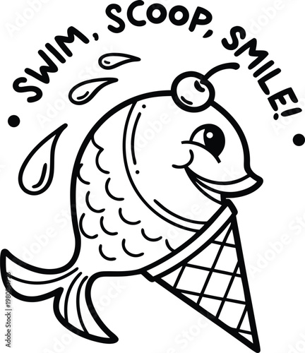 Retro cartoon fish ice cream cone vector illustration, black and white line art fish character, swim scoop smile typography design