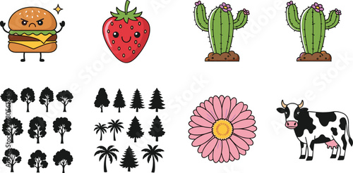 Cartoon burger strawberry cactus trees silhouettes flower and cow farm animal vector illustration collection for nature and food design