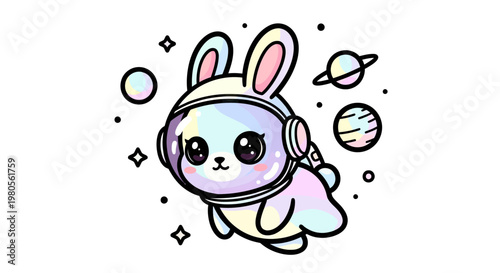 Cute Kawaii Bunny Astronaut Floating in Space with Planets and Stars Vector Illustration