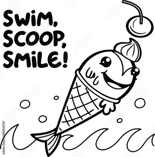 Kawaii fish ice cream cone coloring page, cute sea creature character with cherry, swim scoop smile pun vector illustration for kids