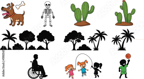 Cartoon dog skeleton cactus trees silhouettes wheelchair user and playing children vector illustration collection for nature and lifestyle design