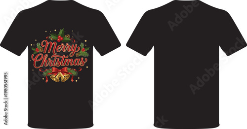 Black t shirt with merry christmas text bells holly pine and red ribbon holiday