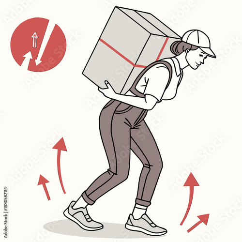 Woman lifting heavy box over shoulder with correct technique, arrows indicating proper movement and support.