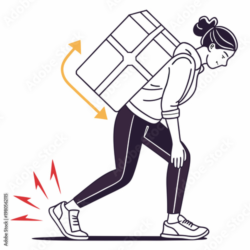 Woman carrying heavy box on back with poor posture, showing foot pain and strain from improper lifting technique.