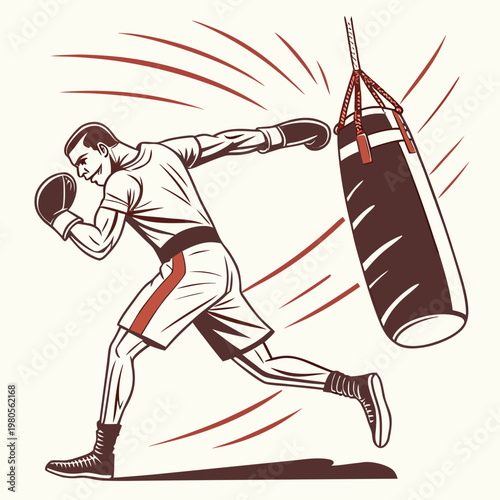 Vintage style illustration of professional boxer training with heavy punching bag showing motion and momentum through artistic red speed line curves.
