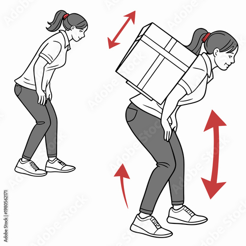 Proper lifting technique demonstration woman bending knees to lift heavy box safely with arrows indicating movement and correct posture for back health awareness.