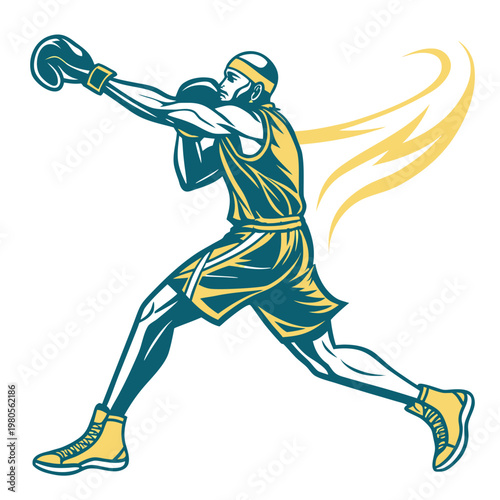 Boxer throwing punch with dynamic energy trails, athletic stance, vibrant colors, sports illustration.