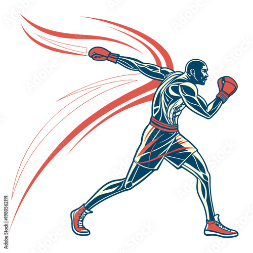 Boxer fighting with aggressive stance and powerful punch, dynamic energy streaks, athletic male.
