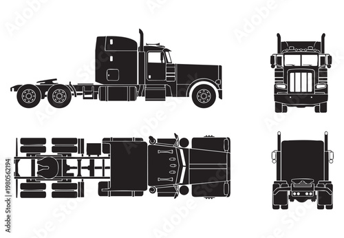 Semi Truck Tractor Vector Set – Front Side Top and Rear Silhouette Views