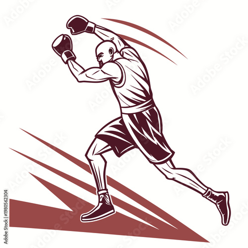 Powerful boxer in action, throwing a punch with intensity and dynamic motion, illustrated in a dramatic monochrome style with speed lines.