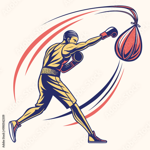 Classic retro boxer illustration training with speed ball showing rhythmic movement and high intensity workout with artistic circular motion elements.