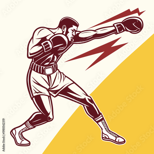 Muscular boxer delivering a powerful punch illustration, dynamic athletic motion with lightning bolts, intense combat sport visual, strong fighter graphic.